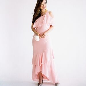 Parker Black Pink Tiered Ruffle Hi Lo Hem One Shoulder Gown Formal Dress Size 6